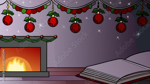 A cozy christmas scene with a fireplace decorated with ornaments and an open book on the floor space