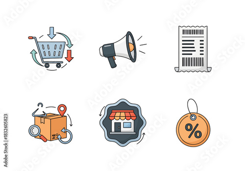 Shopping Cart, Megaphone, Receipt, Package, Storefront, and Discount Tag Icons - Marketing Essentials