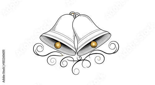 Wedding Bells Illustration: Artistic depiction of two interconnected bells, symbolizing union, celebration and joy. The delicate design and intricate embellishments.