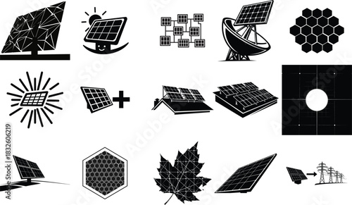 Collection of solar panel icons and related energy concepts power