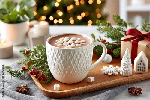 Wallpaper Mural Cozy Christmas hot chocolate in a white patterned mug with festive decorations and gifts Torontodigital.ca