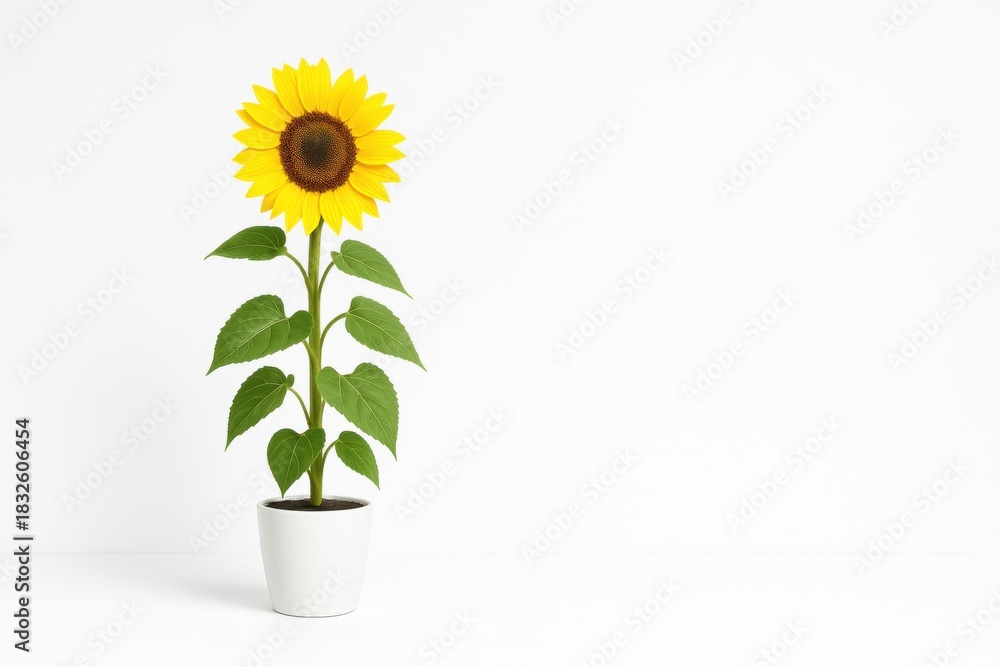 Obraz premium Studio photo single tall sunflower plant in white ceramic pot on pure white background