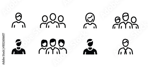 User icon set, single and group profile avatars vector, illustrating people identity, community roles, teamwork, audience, social membership, and collaborative concept symbols