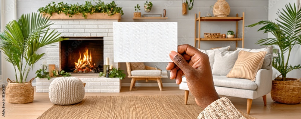 Naklejka premium Hand holding a blank white card in a cozy living room with a fireplace and plants