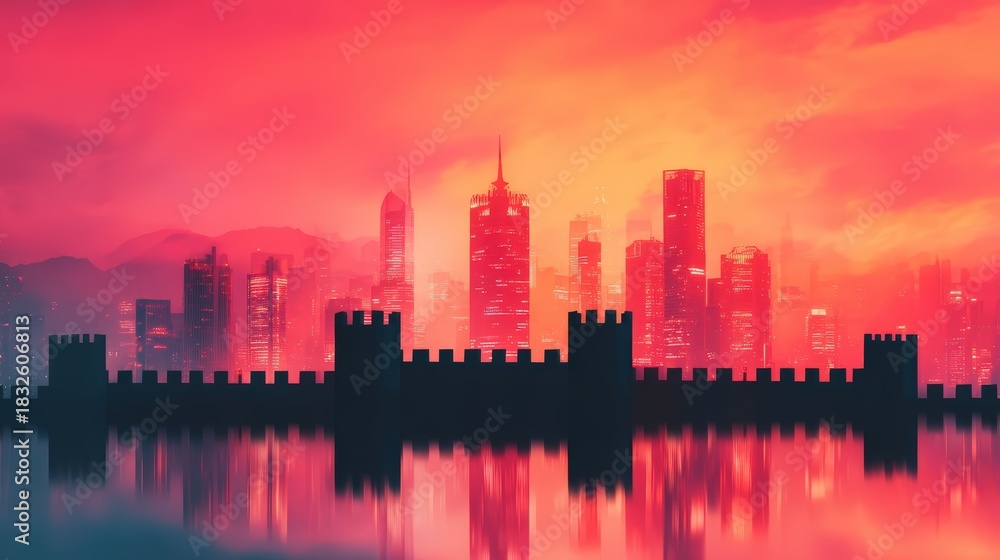 Fototapeta premium A vibrant skyline at sunset, where modern skyscrapers meet a fortified wall, reflecting in tranquil waters under a dramatic sky.