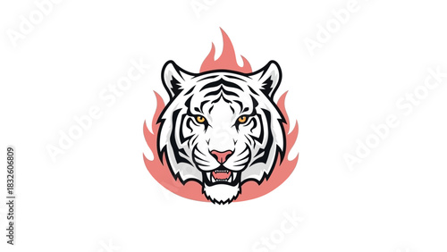 Fierce white tiger head with fiery flames behind, depicted in a powerful mascot logo style.