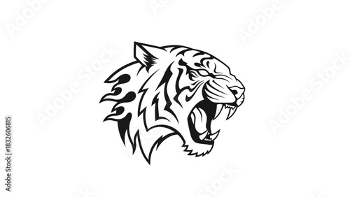A fierce black and white illustration of a roaring tiger head with tribal-style stripes and an aggressive expression.