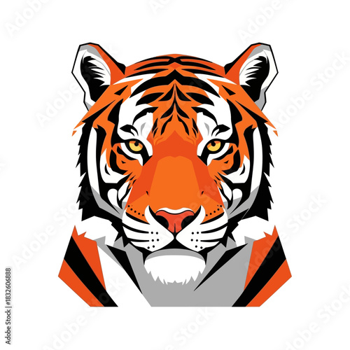 A striking stylized illustration of a tiger's head with bold orange and black stripes, piercing yellow eyes, and a strong, symmetrical design.