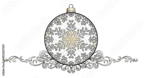Ornate Christmas Ornament: A beautifully designed Christmas ornament featuring an intricate snowflake pattern, resting elegantly on a decorative flourish, a perfect embodiment of the holiday spirit. 