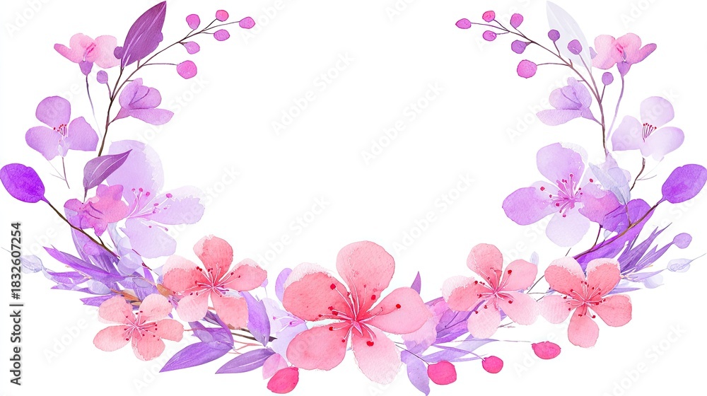 Naklejka premium Delicate watercolor arrangement of pink and purple blossoms forms a beautiful border design