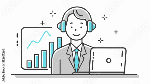 Illustration of a man with headphones working on a laptop with a graph and bar chart in the background