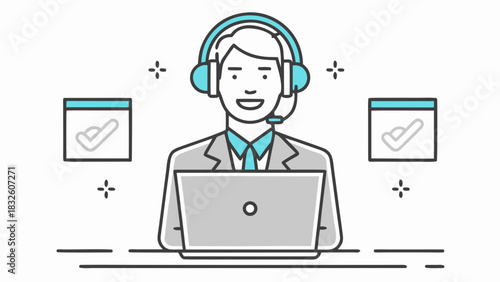 A man with headset and laptop in a call center environment with checkmark icons in the background