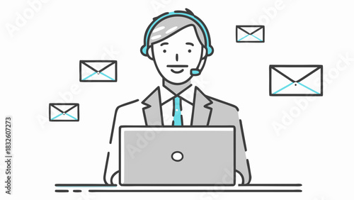 Illustration of a customer service representative with headset working on laptop with email icons around him