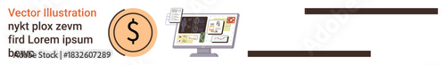 Financial services, digital marketing, online transactions, money management, e-commerce, virtual tools. Computer monitor with documents and dollar symbol. Financial services and online transactions