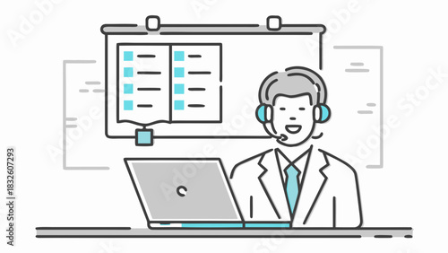 Illustration of a man with headset in front of a laptop and presentation board in the background