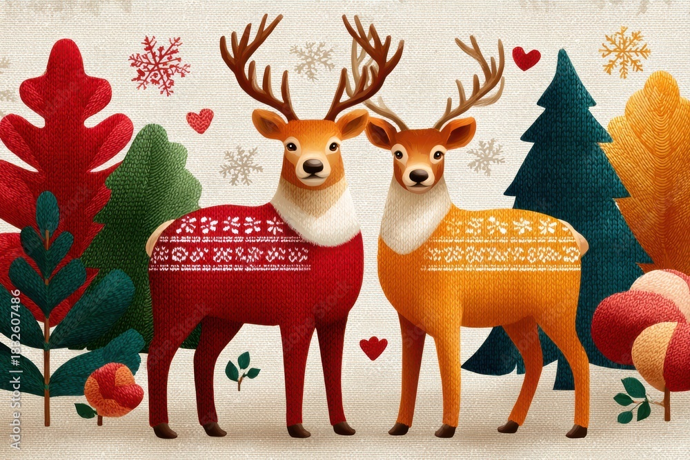 Obraz premium Two decorative reindeer wear knitted sweaters in a festive winter forest scene