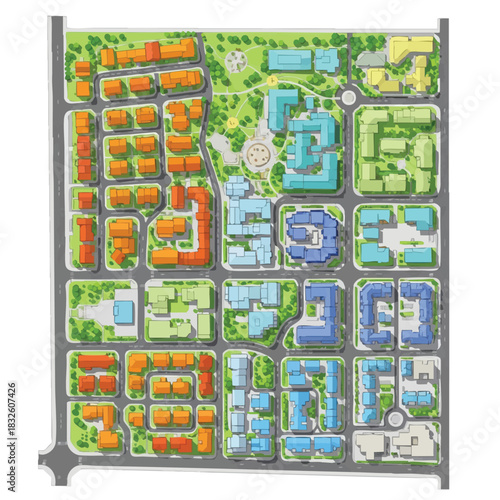 A detailed aerial view showcases a vibrant city plan with diverse buildings, green spaces, and well-organized infrastructure, designed for urban development.