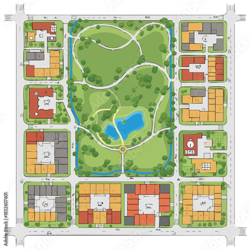 An illustrated aerial view showcases a meticulously planned urban landscape with a central park, buildings, roads, and a lake, emphasizing design.