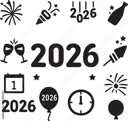 2026 celebration mark silhouette vector illustration icons set. happy New Year 2026 silhouette vector illustration cons collection