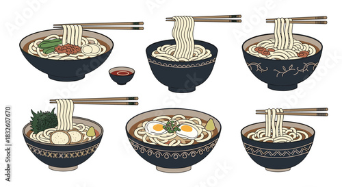 A delicious set of six different bowls of Japanese ramen noodle soup with various toppings, illustrated in a hand-drawn style.