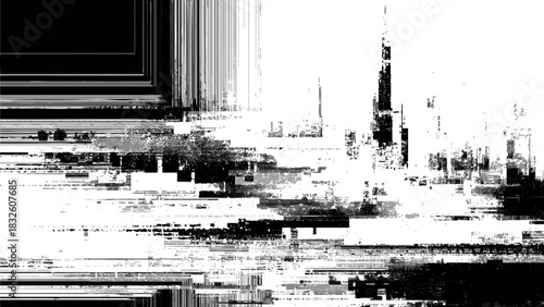 Abstract black and white cityscape with glitch effect digital art design