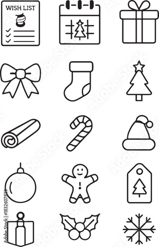  Christmas wish list and icons set line art silhouette vector illustration
