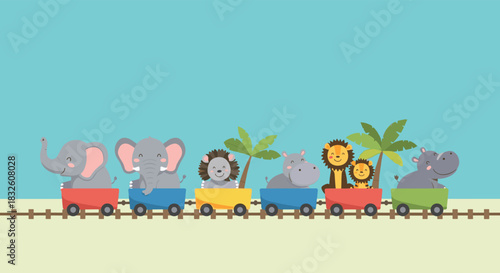 Adorable cartoon safari animals including elephants, lions, and hippos happily riding on a colorful toy train for kids' designs.