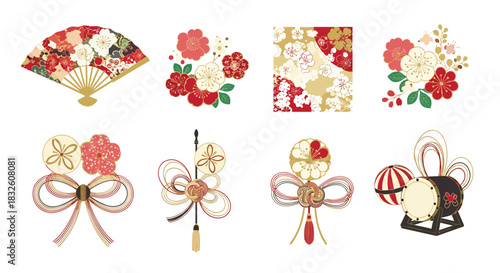 A beautiful set of traditional Japanese New Year's decorations, including an ornate fan, mizuhiki knots, and plum blossoms.