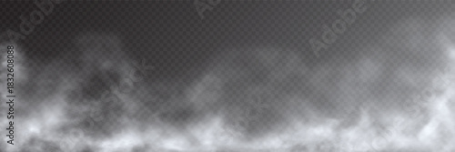 Fog, smoke, mist, and steam on transparent background, panoramic view, vector design