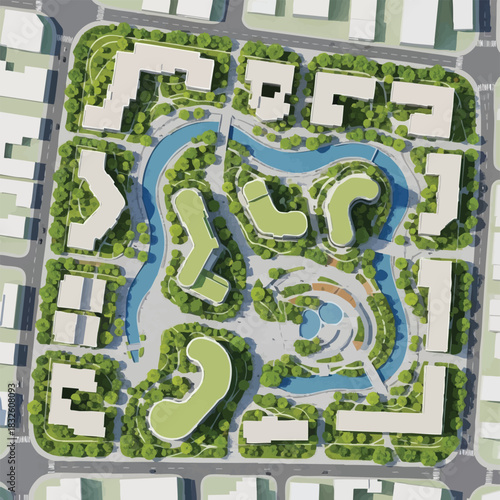 An aerial view showcases a modern architectural concept, featuring interconnected buildings, green spaces, and a flowing water feature, designed for urban planning.