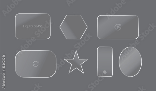 3D square and round buttons in the liquid glass style. UI interface element with blur effect.