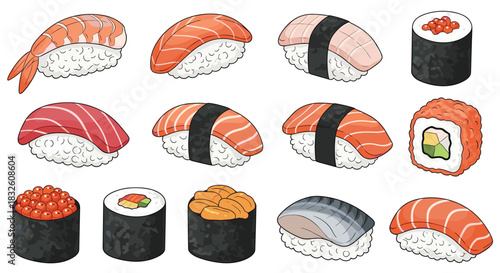 A detailed set of various types of Japanese sushi and rolls, including salmon, tuna, shrimp, and roe in a classic illustrated style.