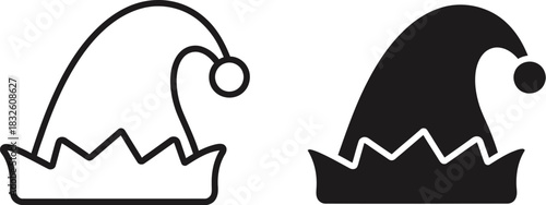 Two elf hats line art and solid fill ideal for festive designs on — Outline, silhouette, and on transparent background. EPS 10.