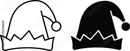 Two christmas elf hats d and solid with a — Outline, silhouette, and on transparent background. EPS 10.