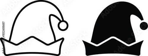 Two christmas elf hats one and one filled on — Outline, silhouette, and on transparent background. EPS 10.