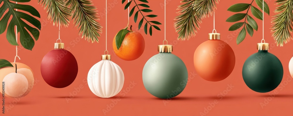 Naklejka premium Colorful hanging Christmas ornaments with tropical leaves on a coral background