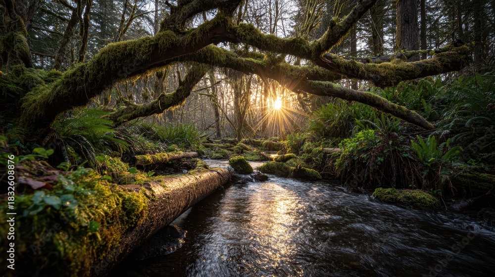 Fototapeta premium Sunlight Filtering Through Moss Covered Branches and Forest Canopy Above River Creating Warm Atmosphere
