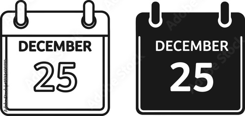 December twenty fifth calendar icon in and solid black style on — Outline, silhouette, and on transparent background. EPS 10.