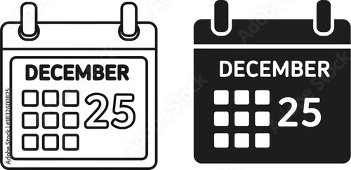 December twenty fifth calendar icon set distinct styles on — Outline, silhouette, and on transparent background. EPS 10.