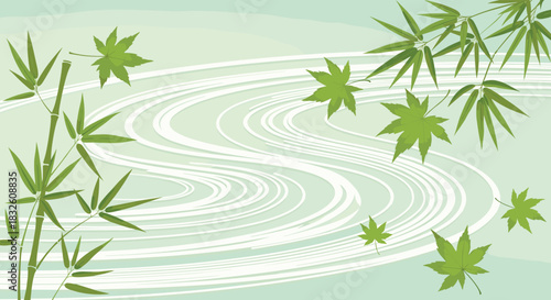A tranquil Japanese-style background of a flowing river with green bamboo stalks and fresh maple leaves, symbolizing summer.