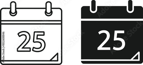 Two calendar icons displaying the twenty fifth date on — Outline, silhouette, and on transparent background. EPS 10.