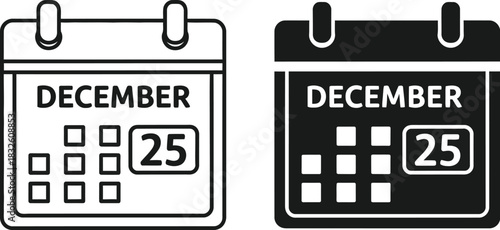 Two december calendar icons with date twenty fifth a striking on — Outline, silhouette, and on transparent background. EPS 10.