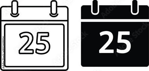 Two calendar icons displaying the number 25 black on — Outline, silhouette, and on transparent background. EPS 10.