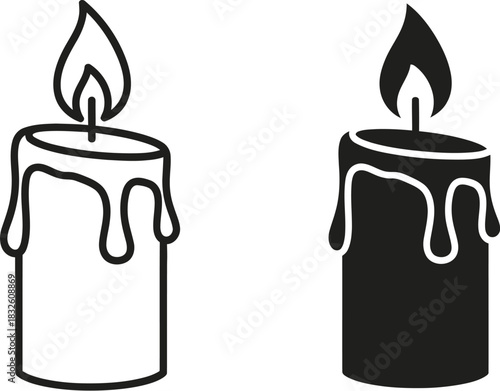 Two burning candle icons in differing styles on — Outline, silhouette, and on transparent background. EPS 10.