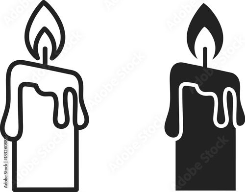 Two black candle icons with flame differing styles on — Outline, silhouette, and on transparent background. EPS 10.