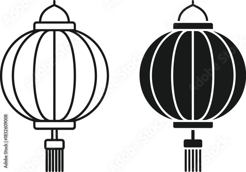 Two chinese lanterns one d and one filled on — Outline, silhouette, and on transparent background. EPS 10.