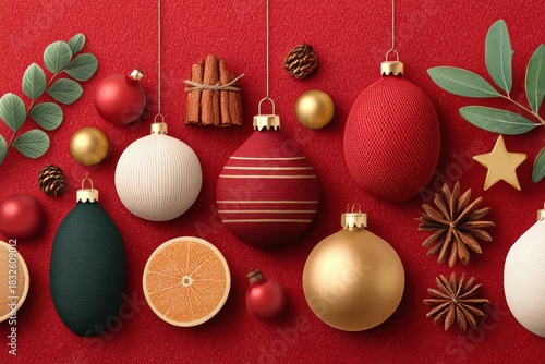 Christmas ornaments and festive decorations on a red background with greenery and citrus accents