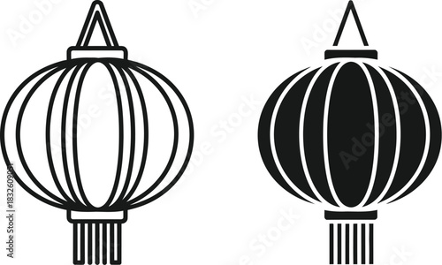 Two elegant asian lanterns linear art style with a — Outline, silhouette, and on transparent background. EPS 10.
