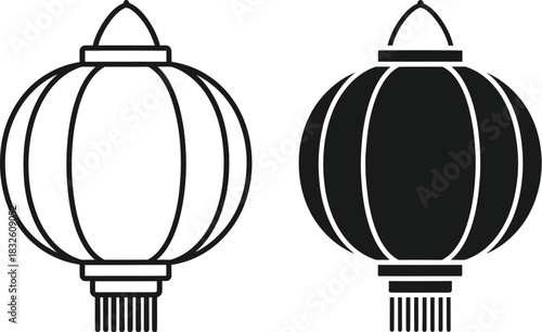 Two traditional asian lanterns in black and white on — Outline, silhouette, and on transparent background. EPS 10.