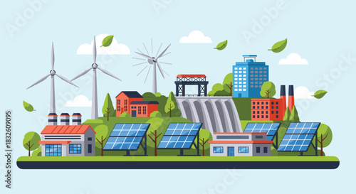 An illustration of a green city powered by renewable energy sources, including solar panels, wind turbines, and a hydroelectric dam.